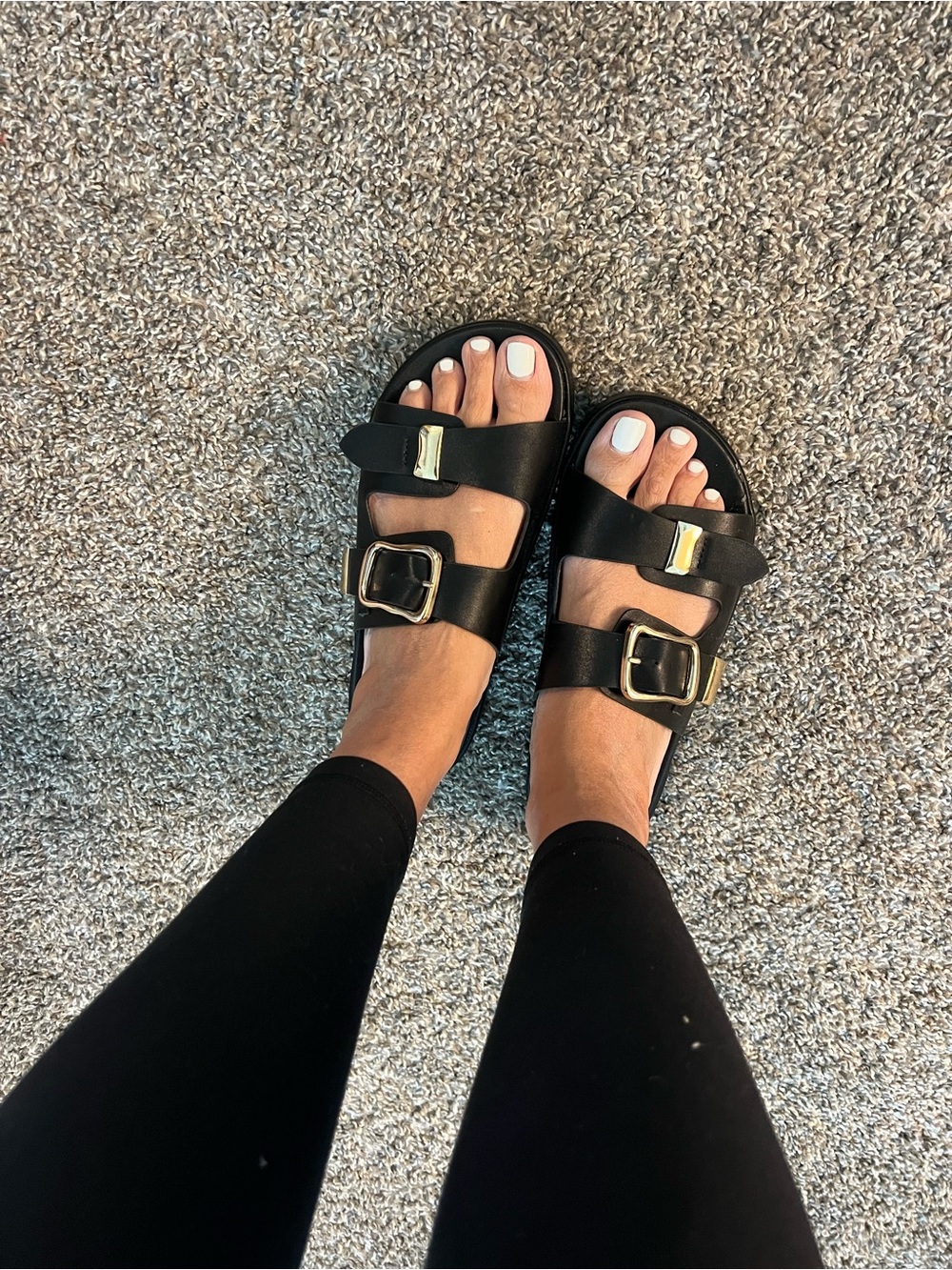 BAMBOO Black Double-Buckle Slide Sandals with Gold Hardware